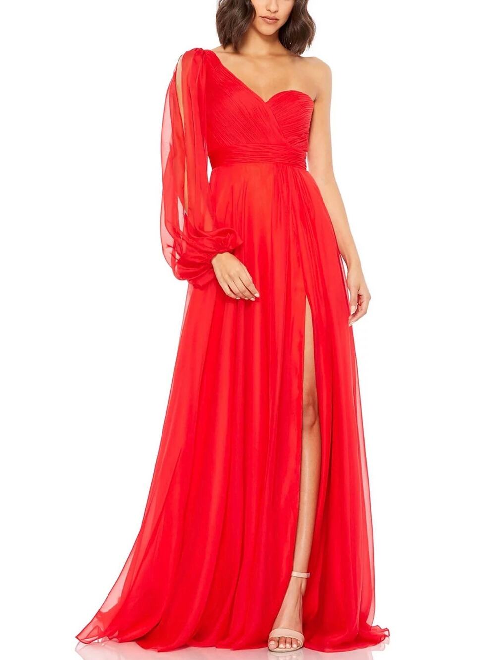 Mac Duggal 67810 Red Evening Gown Chiffon One Shoulder Long Sleeve Dress Size 2